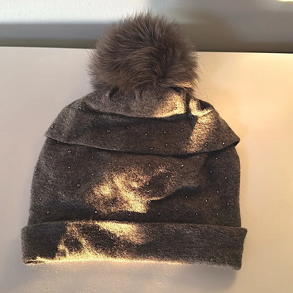 NWOT! Gray Sparkle Hat with Fur Pom! - Picture 1 of 5